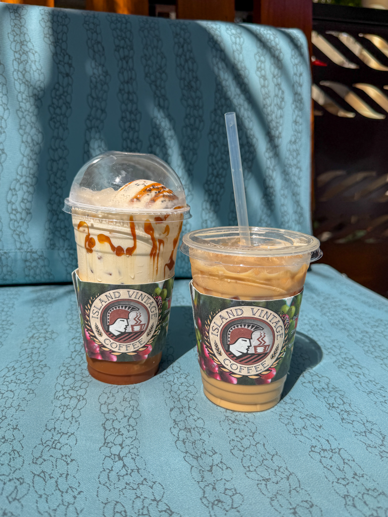 Coffee drinks at Island Vintage Coffee outdoor seating in Waikiki