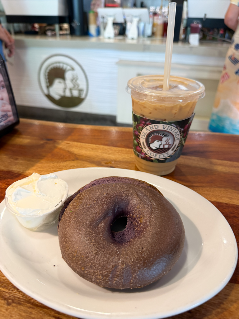 Taro bagel and iced coffee at Island Vintage Coffee in Waikiki