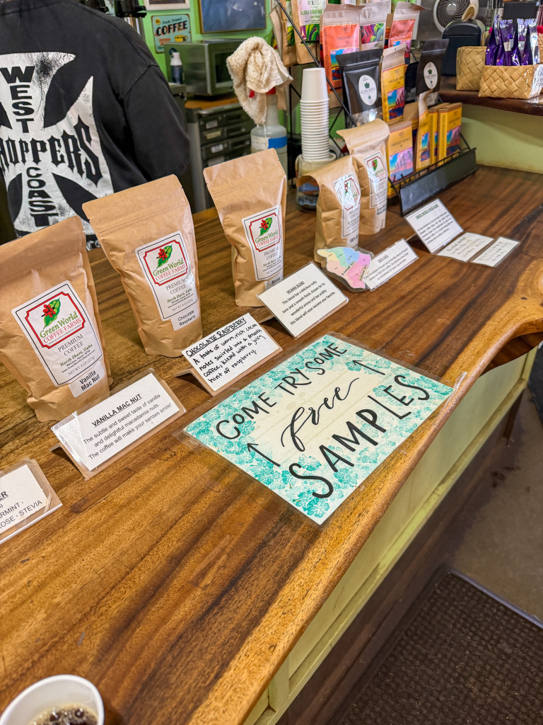 free coffee samples at Green World Coffee Farm on Oahu