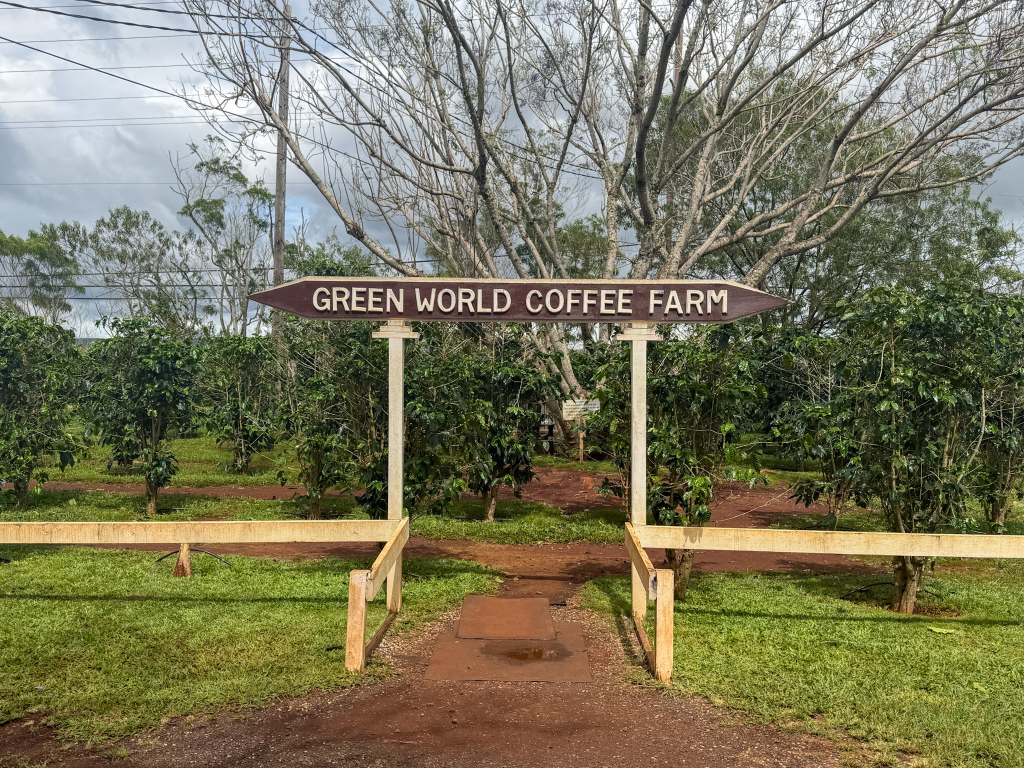 entrance sign at Green World Coffee Farm in Oahu