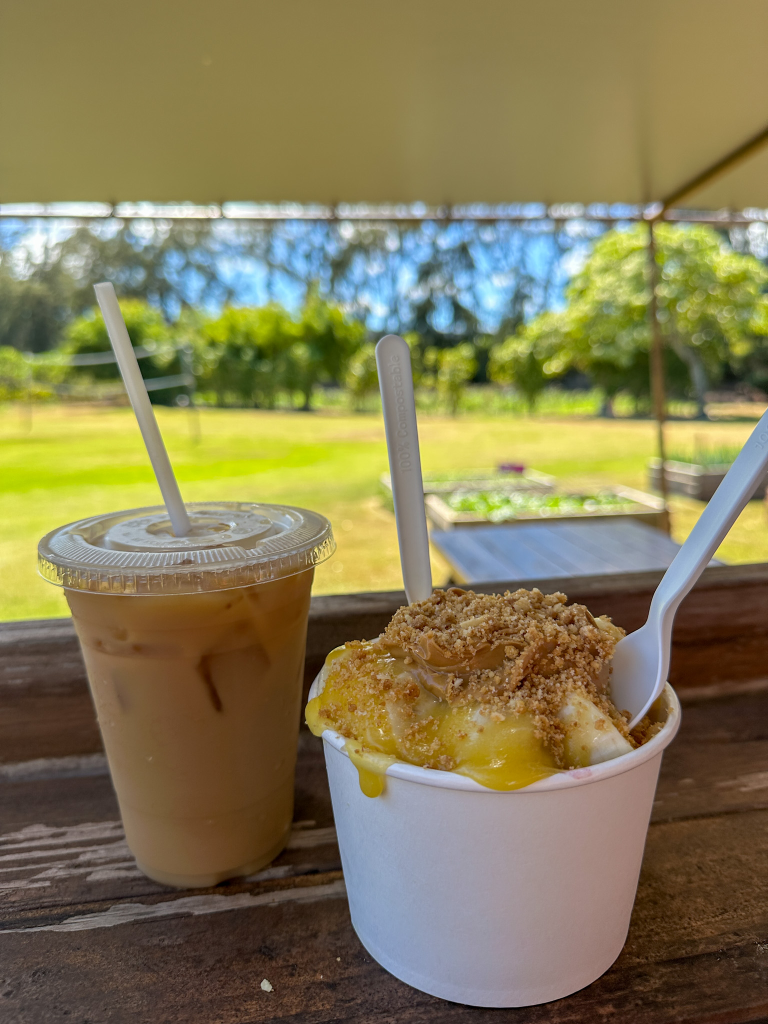 iced coffee and dessert at Kahuku Farms on Oahu
