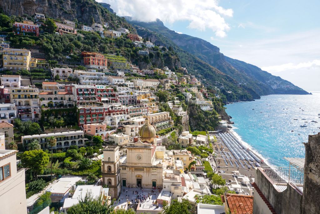 Panoramic view of Positano and the beach on the Amalfi Coast