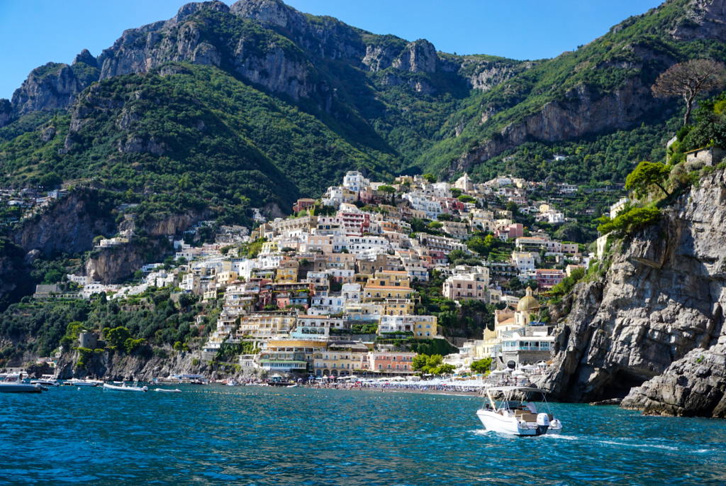 Scenic view of Positano from a boat tour on the Amalfi Coast