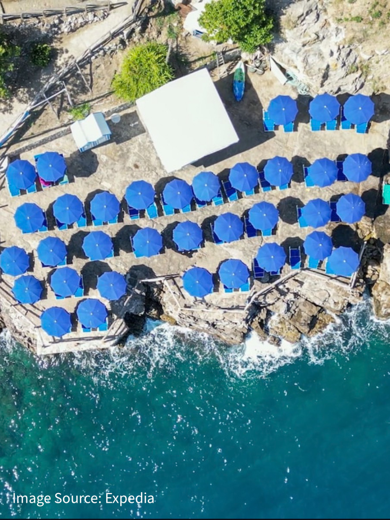 Aerial view of Villaggio Campeggio Santa Fortunata in Sorrento with blue umbrellas and oceanfront access