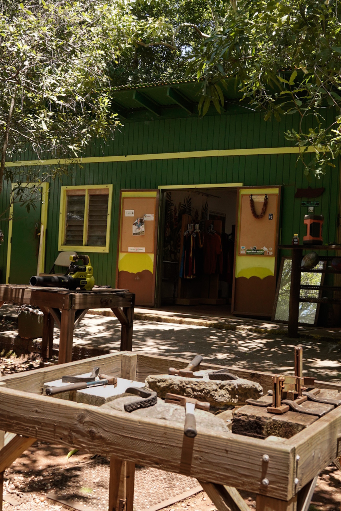 Purdy’s Macadamia Nut Farm on Molokai, Hawaii, featuring the farm store and fresh macadamia nut processing area.