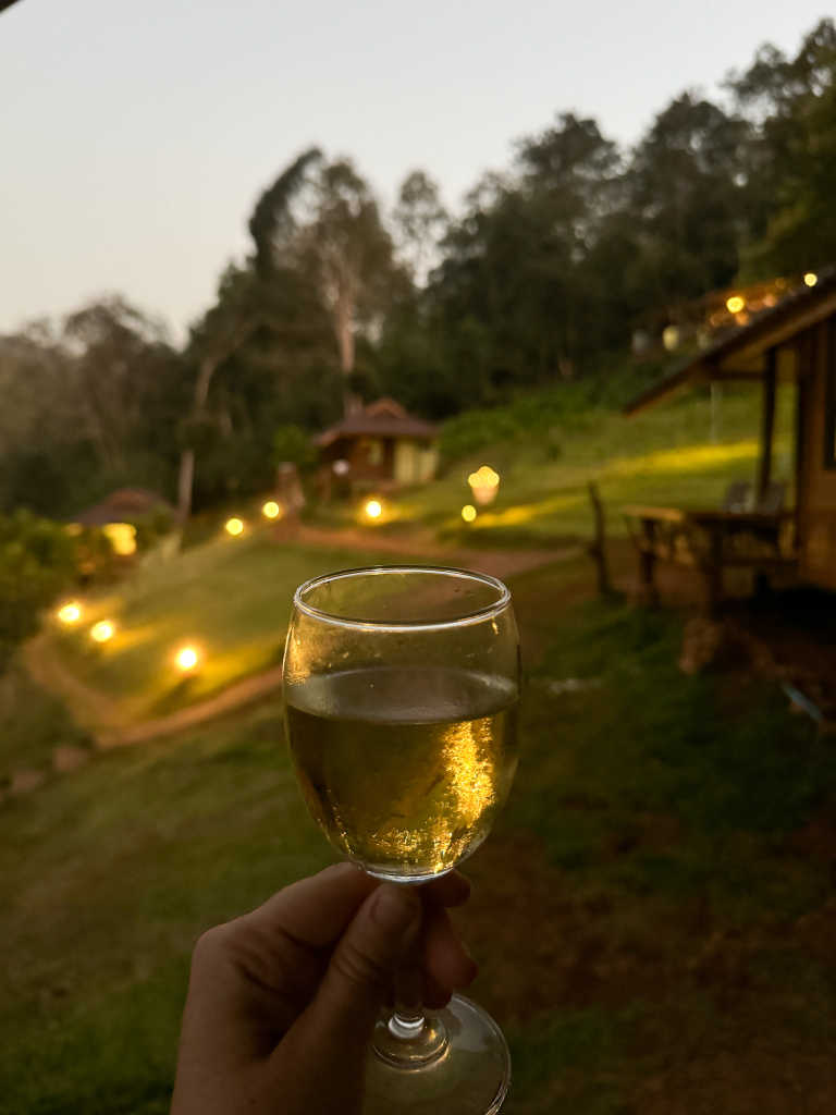 Glass of wine overlooking the grounds at Chiang Mai Elephant Friends